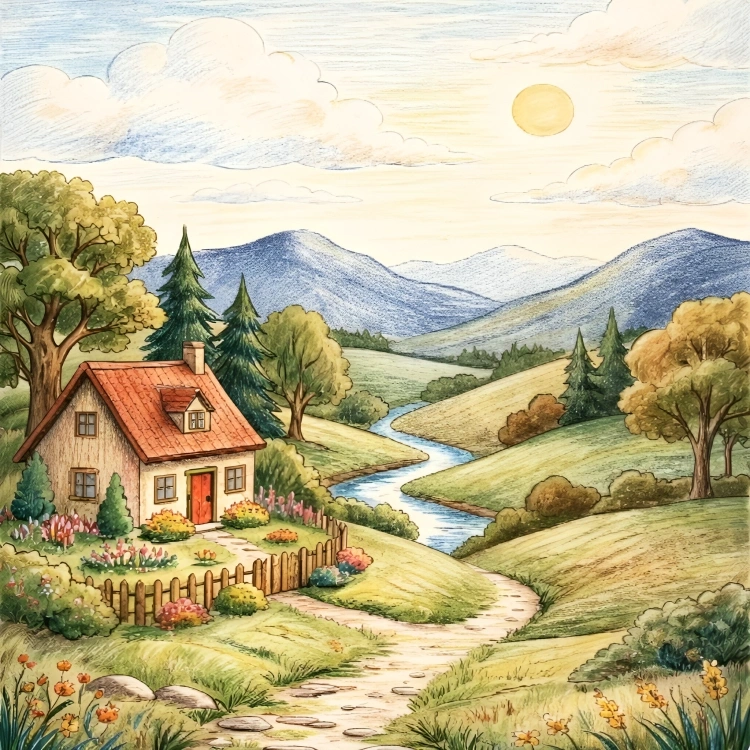 pencil, colored, landscape
